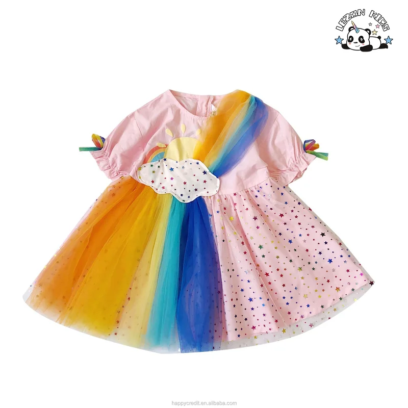 LEZONKIDS - 2023 New Summer Rainbow Clouds Rainbow Colors Stars Mesh Dress  Girl Dresses For Kids
